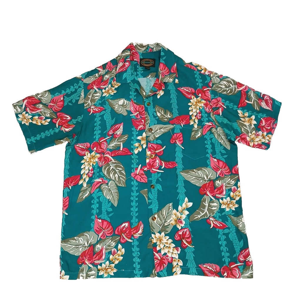 Reserve Hawaiian Mens Shirt Button Up Shirt 100%‎ Rayon Floral Green Size M